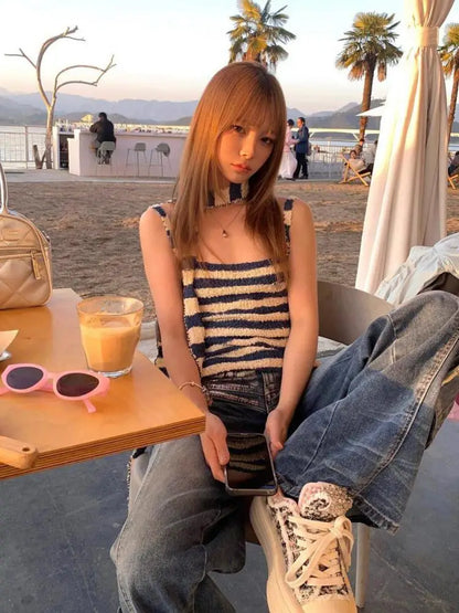 Chic Dollette Harajuku Gestreiftes Camisole Ärmelloses Koreanische Mode Streetwear Gestricktes Tanktop mit Bindeband Sommer Top Neckholder Top