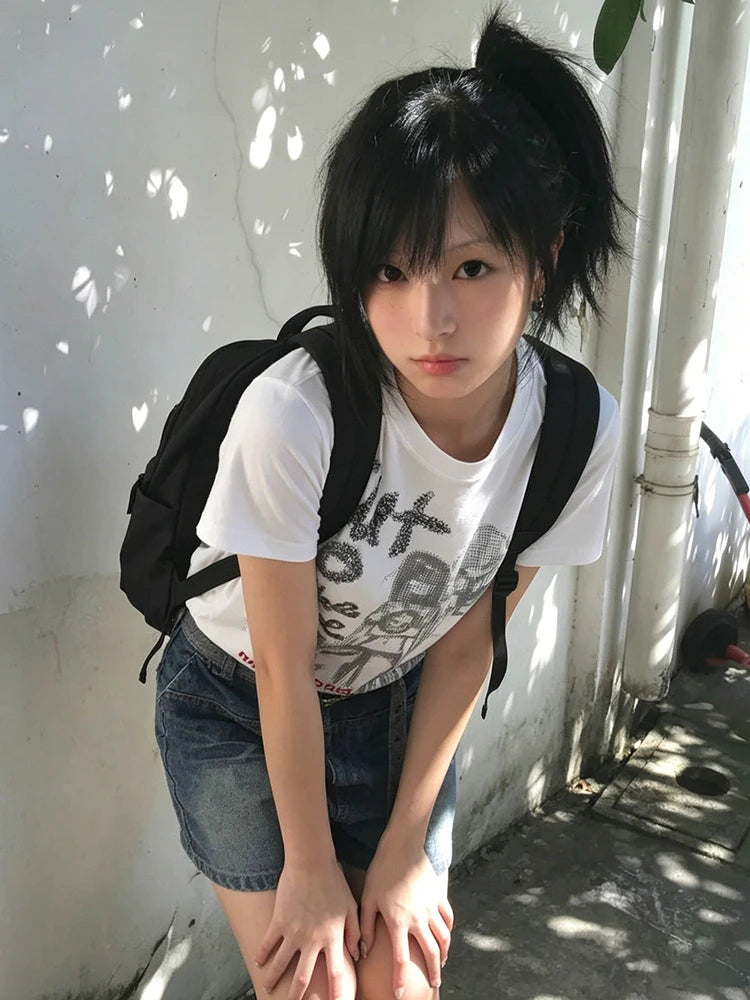 Chic Dollette Harajuku Graphic Print Top Summer Y2k Aesthetics Top Vintage Punk Tee Casual Short Sleeve T-shirt Japanese 2000s