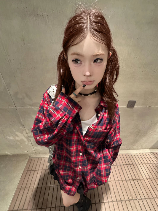 Chemise à carreaux vintage Chic Dollette à manches longues, ample et décontractée, style japonais des années 2000, haut grunge féerique, chemises streetwear