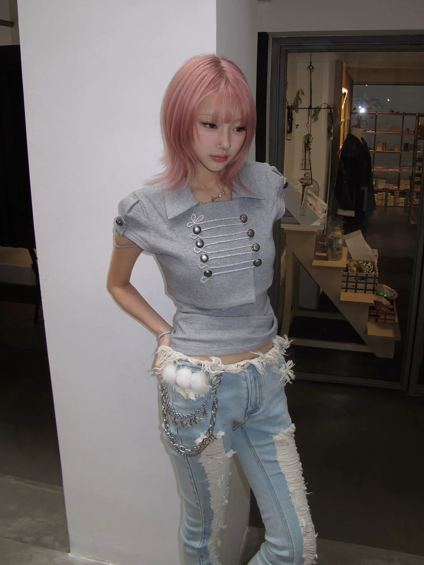 Chic Dollette American retro Y2K 2026 new Napoleon style short-sleeved lapel shirt t-shirt short-sleeved summer new women's item