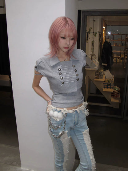 Chic Dollette American retro Y2K 2026 new Napoleon style short-sleeved lapel shirt t-shirt short-sleeved summer new women's item