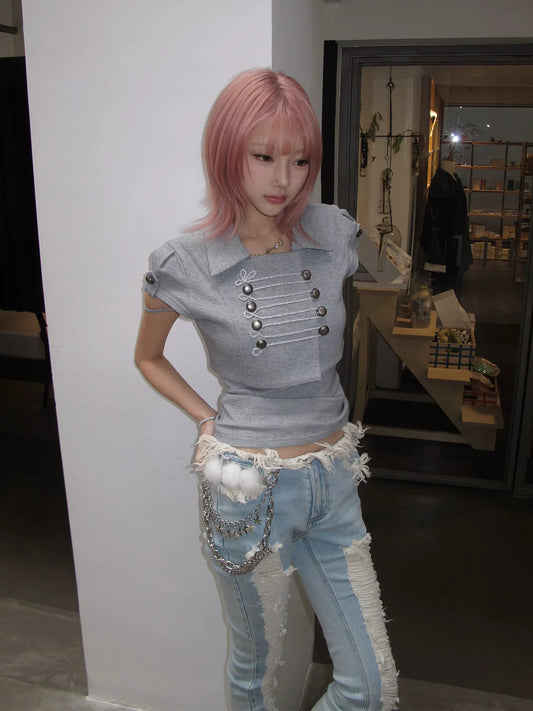 Chic Dollette American retro Y2K 2026 new Napoleon style short-sleeved lapel shirt t-shirt short-sleeved summer new women's item
