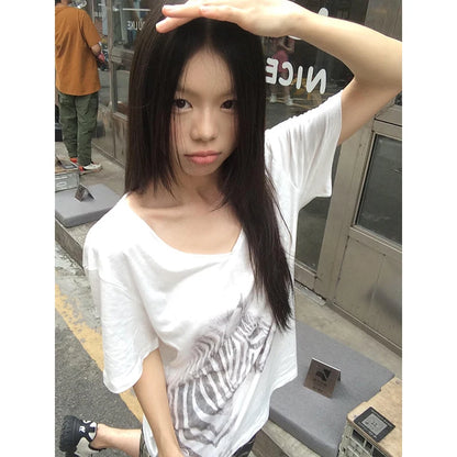 Chic Dollette V-Ausschnitt Zebra-Grafik T-Shirts Damen Kleidung Kurzarm Koreanische Mode 2000er Jahre Kleidung Sommer Top T-Shirts Weiblich Chic