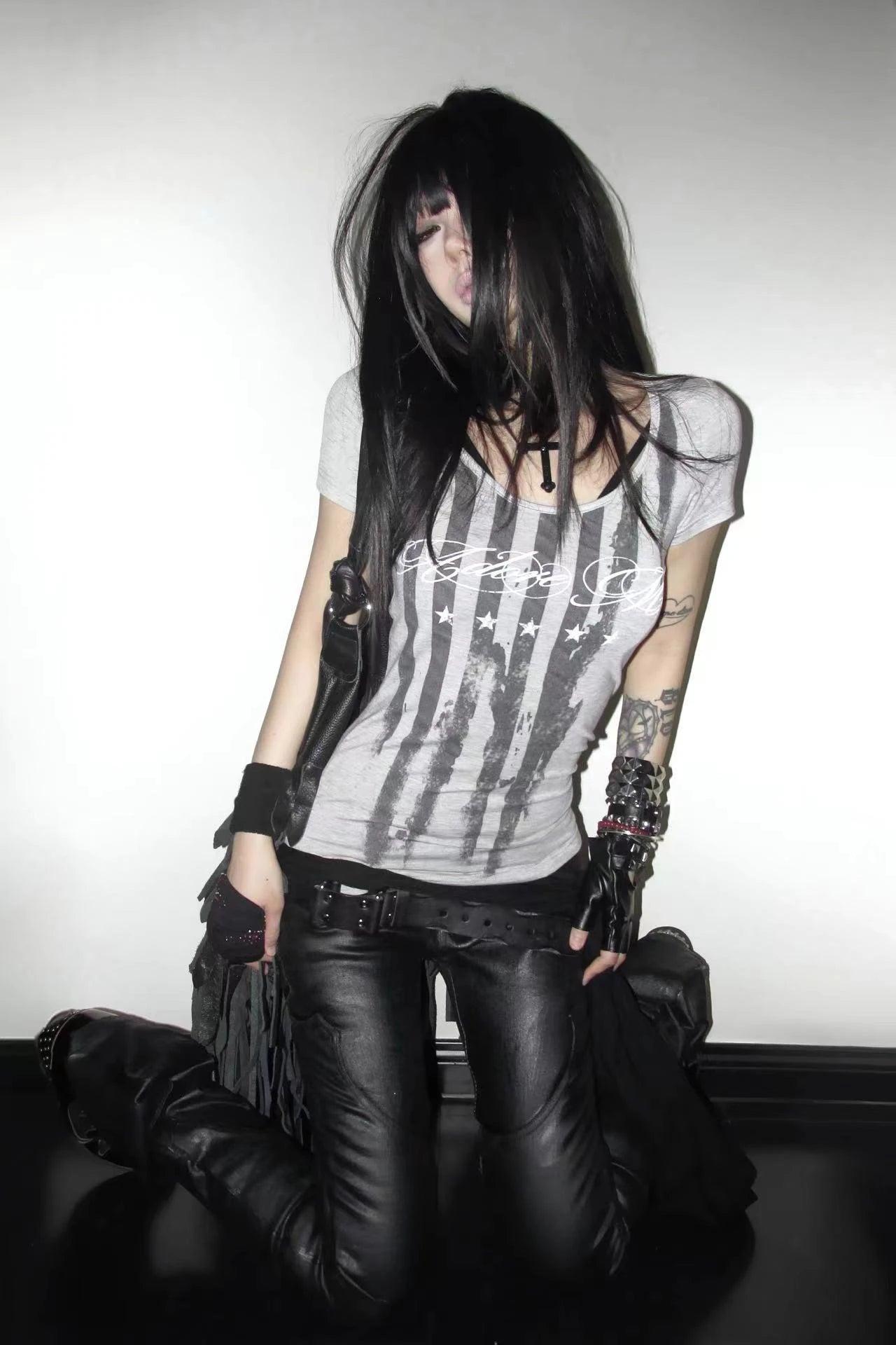 Chic Dollette Striped Letter Print T-shirt Grunge Aesthetics Short Sleeve Tee Shirt Vintage Punk Streetwear American Retro