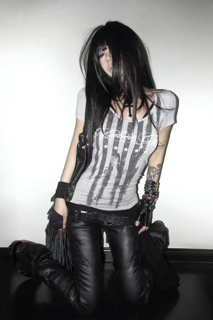 Chic Dollette Striped Letter Print T-shirt Grunge Aesthetics Short Sleeve Tee Shirt Vintage Punk Streetwear American Retro