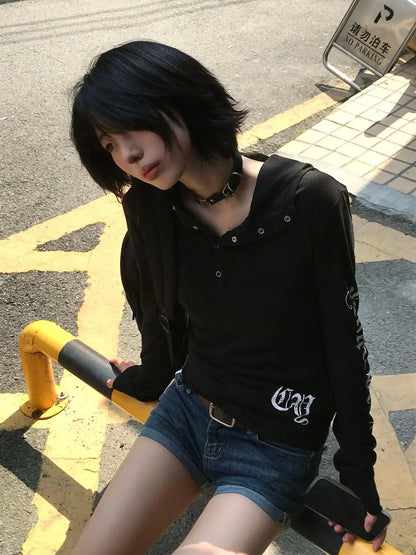 Chic Dollette  American Retro T-shirt Hooded Print Graphic Top  Vintage Top Streetwear Japanese 2000s Grunge Top E-girls