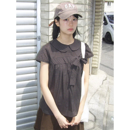 Chic Dollette Plaid Shirts Women Japanese Harajuku Bow Peter Pan Collar Blouses Summer Korean Aesthetic Short Sleeve Casual Tops New