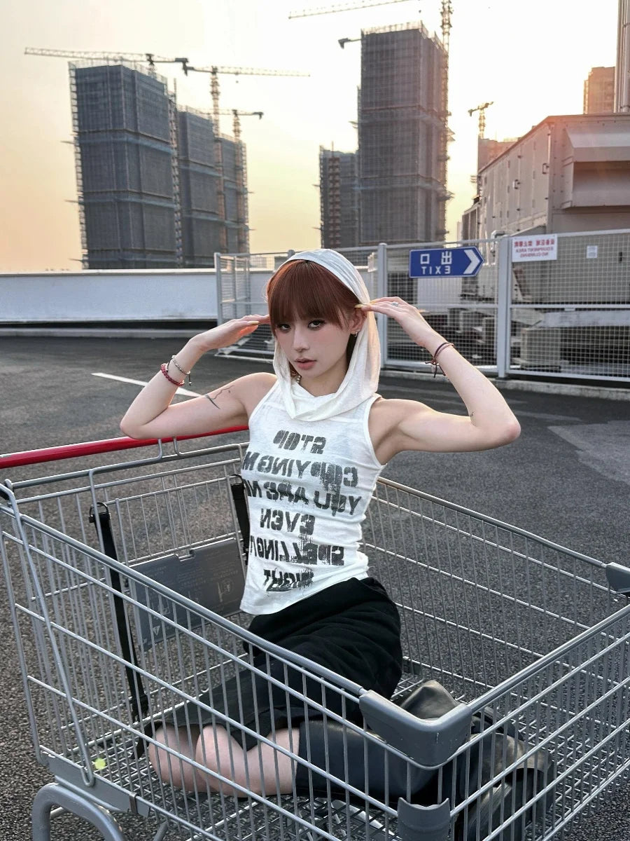 Chic Dollette Vintage Print Letter Tank Top Ärmellos Mit Kapuze Retro Crop Top Streetwear 2000er Japanisches Sommer Tank E Girls