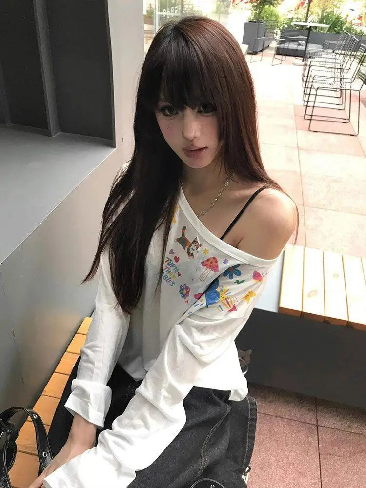 Chic Dollette Hotsweet Langarm-Grafik-T-Shirts Lockerer Schrägkragen Lässiges Oberteil 2000er Kleidung Koreanisches Fashion-Oberteil