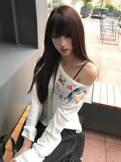 Chic Dollette Hotsweet Langarm-Grafik-T-Shirts Lockerer Schrägkragen Lässiges Oberteil 2000er Kleidung Koreanisches Fashion-Oberteil