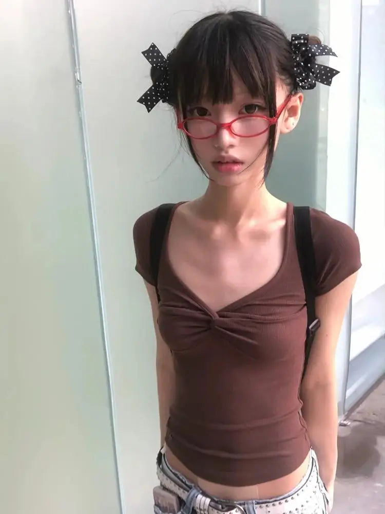 Chic Dollette 2000s Women's T-shirt Short Sleeve Slim Crop Tops Streetwerar Aesthetic 2000s Tee Tops Y2k Fairycore Tshirts