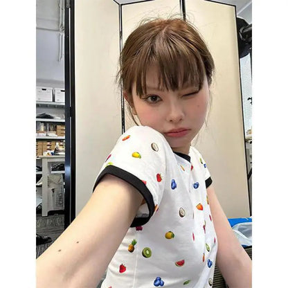 Chic Dollette Preppy Style Print Fruit T-Shirt Kleidung Kurzarm Koreanische Mode Sommer Top Harajuku T-Shirts Shirt Femme