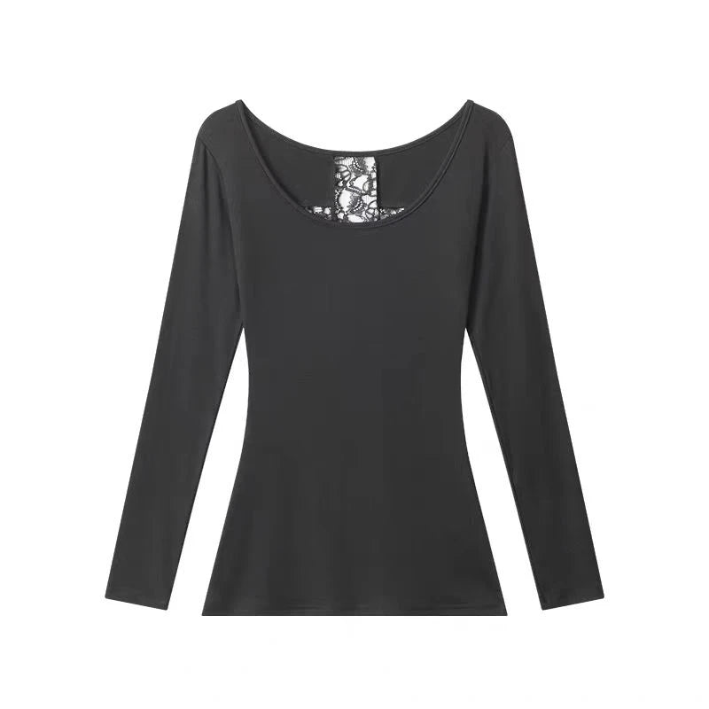 Schickes Dollette T-Shirt mit gekreuztem Rückenausschnitt, Damenbekleidung, langärmeliges koreanisches Mode-Herbst-Oberteil, schmale T-Shirts, Damenkleidung