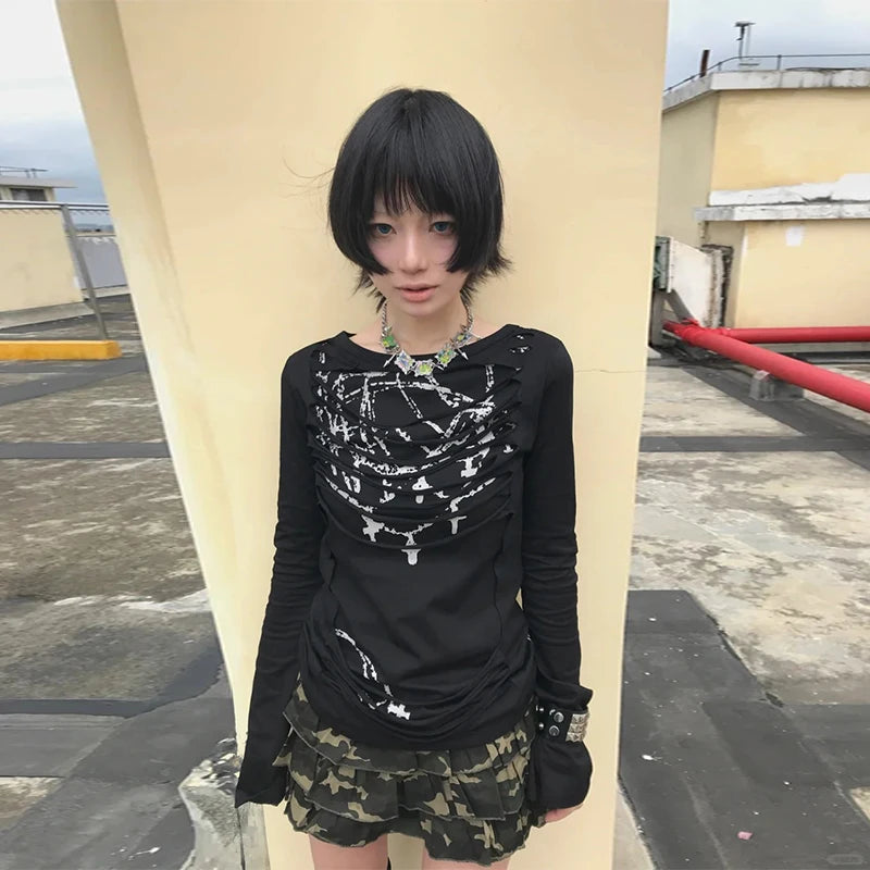 Schickes Dollette Gothic Vintage T-Shirt Langarm Broken Print Grafik Top Japanisches 2000er Grunge Top Streetwear Tee Top