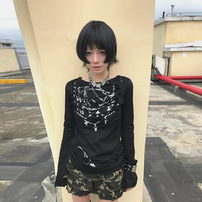 Schickes Dollette Gothic Vintage T-Shirt Langarm Broken Print Grafik Top Japanisches 2000er Grunge Top Streetwear Tee Top