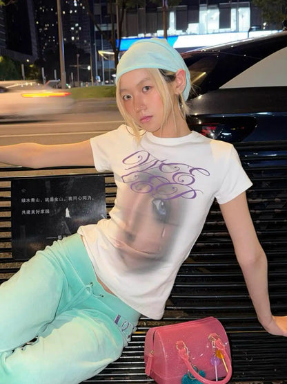 Chic Dollette Short Sleeve Slim Tee Tops Streetwear American Retro Vintage Graphic Tops Tee 2000s