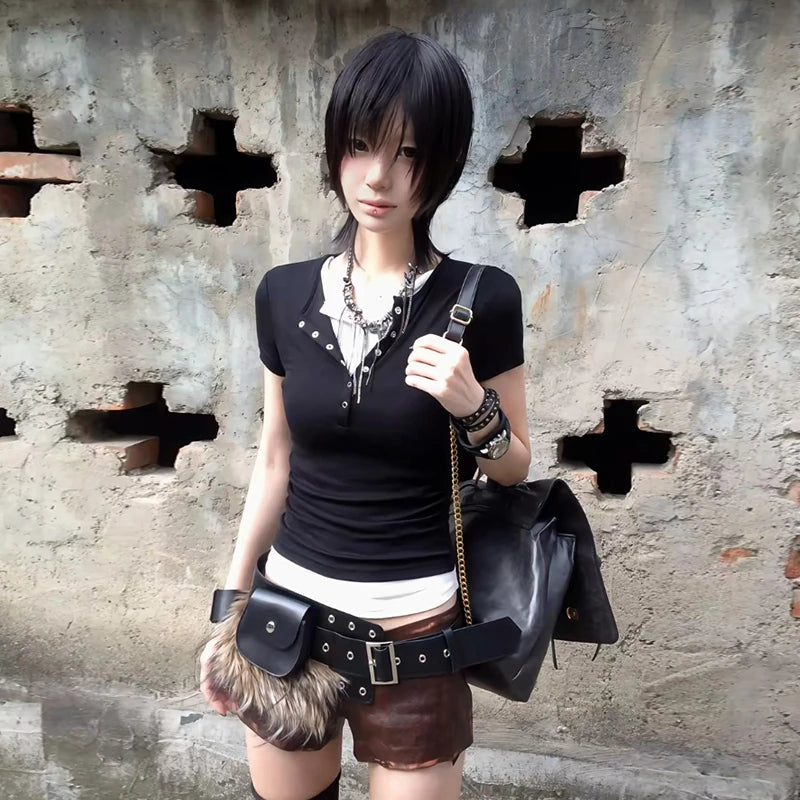 Chic Dollette  Vintage T Shirt Patchwork Short Sleeve Crop Top 2000s Japanese T-shirts Grunge Top American Retro Tee Top