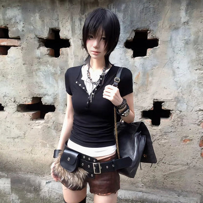 Chic Dollette  Vintage T Shirt Patchwork Short Sleeve Crop Top 2000s Japanese T-shirts Grunge Top American Retro Tee Top