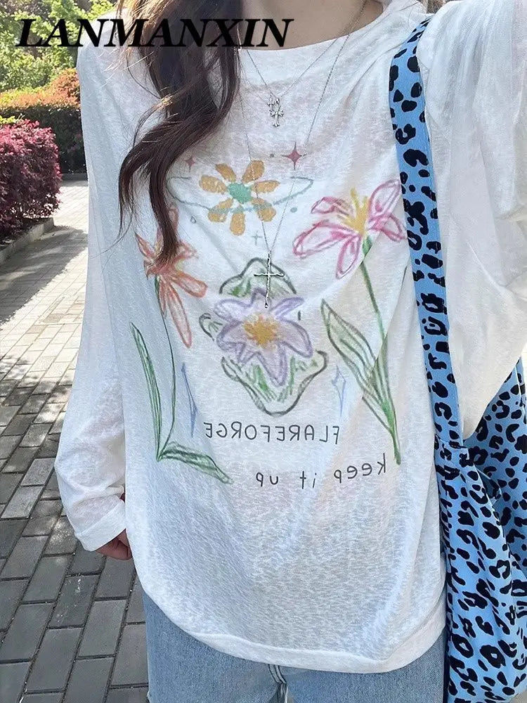 Chic Dollette T-Shirt im koreanischen Stil, handbemalte Blume, Langarm, 2000er Kleidung, Grafik-T-Shirts, Rundhals, lockeres Mode-Oberteil