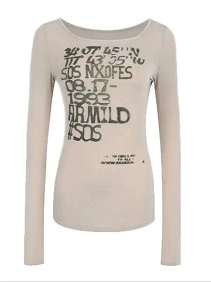 Chic Dollette Herbst Top Langarm Grafik T-Shirts Damen Kleidung Grunge Gothic 2000er Kleidung Koreanische Mode Slim Tees Chic
