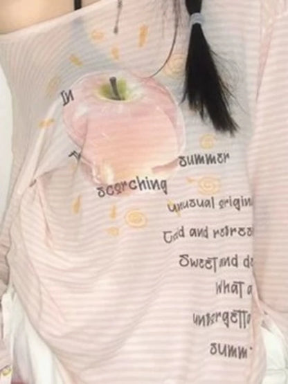 Chic Dollette Sun Protection Casual T-Shirts Women Striped Letter Printing Tshirt 2026 Summer Harajuku Grunge Oversized T-shirt