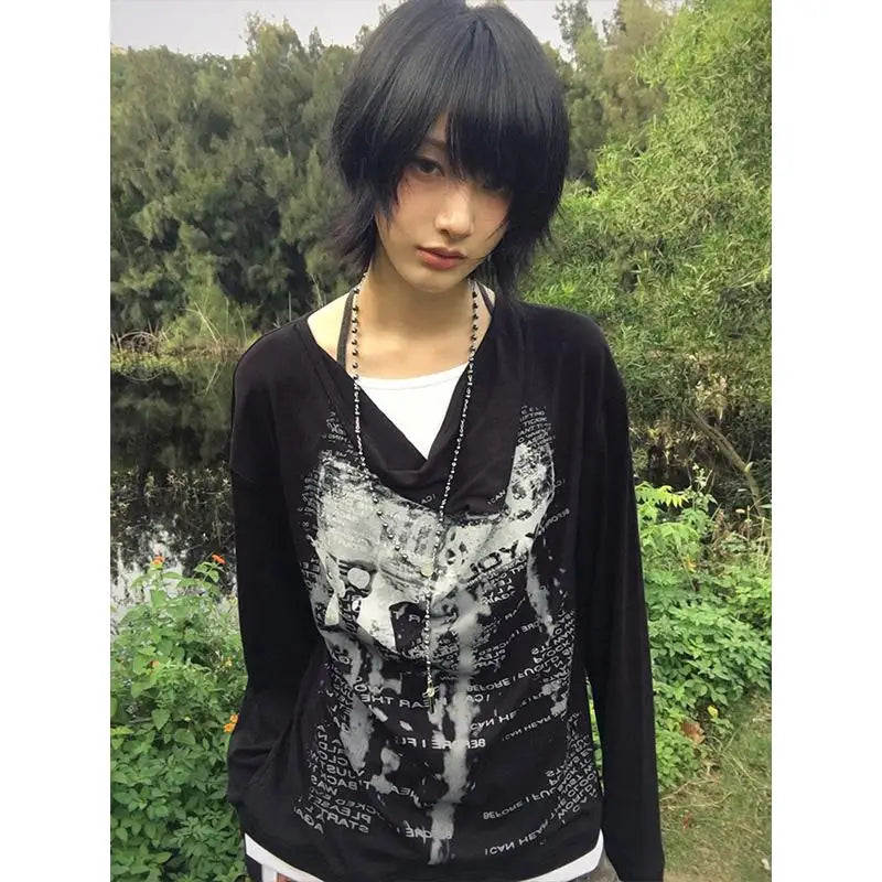 T-shirt gothique vintage Chic Dollette haut irrégulier fausse double pièce haut grunge streetwear noir décontracté