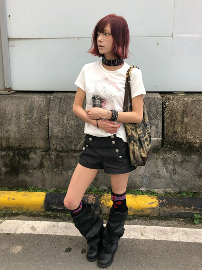 Chic Dollette Y2k Vintage Top Short Sleeve Aesthetic 2000s Rhinestone Print T-shirt Women American Retro Graphic Tees Streetwear