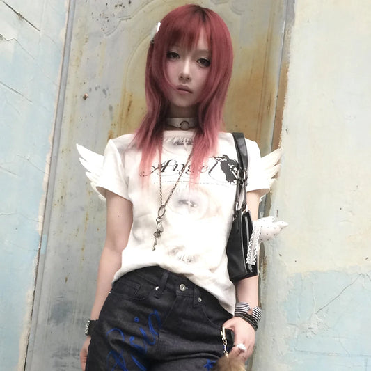 Chic Dollette Trashy Y2k Angel Print T-shirt Grunge Aesthetics Short Sleeve Tops With Wings Vintage Fairycore Streetwear 2000s Retro