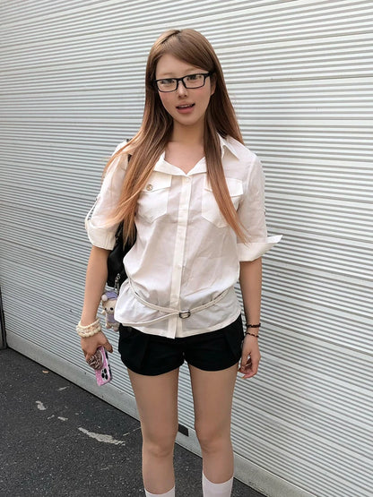 Elegantes Dollette-Shirt im koreanischen Stil, Halbarm, weiße Bluse mit Tasche, Vintage-Top, japanische 2000er, schmale Freizeithemden