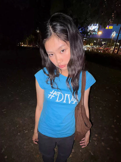 Chic Dollette Korean Style Print Letter T-shirt Women Slim Short Sleeve Tee Y2k Japanese Vintage Tops Streetwear Blue Tshirt E-girls