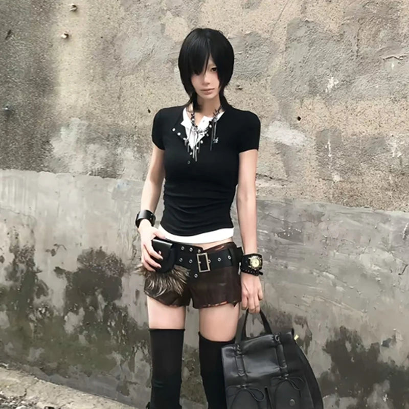 Chic Dollette  Vintage T Shirt Patchwork Short Sleeve Crop Top 2000s Japanese T-shirts Grunge Top American Retro Tee Top