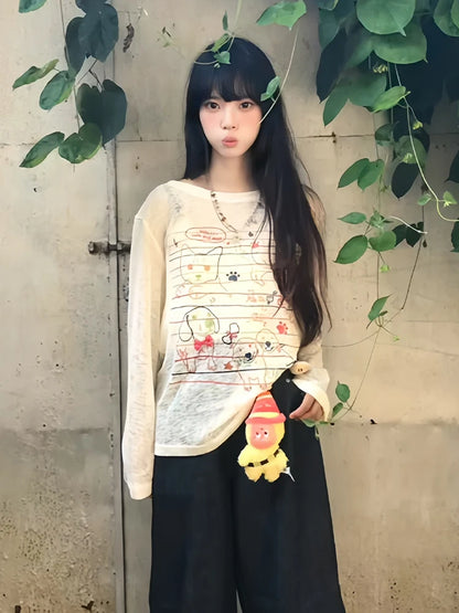 Chic Dollette Sweet Graphic T-Shirts Damen Kleidung Langarm Loose 2000er Kleidung Herbst Top Kawaii T-Shirts Damenbekleidung Chic