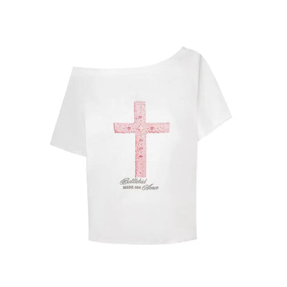 Schicke Dollette Gothic Schräger Kragen Grafik-T-Shirts Kurzarm Koreanische Mode Sommer Oberteile Damenbekleidung 2000er Kleidung