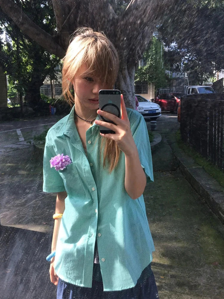 Chic Dollette Harajuku Plaid Shirt Women Short Sleeve Casual Loose Blouse And Shirt Y2k Vintage Tops Streetwear American Retro Shirt