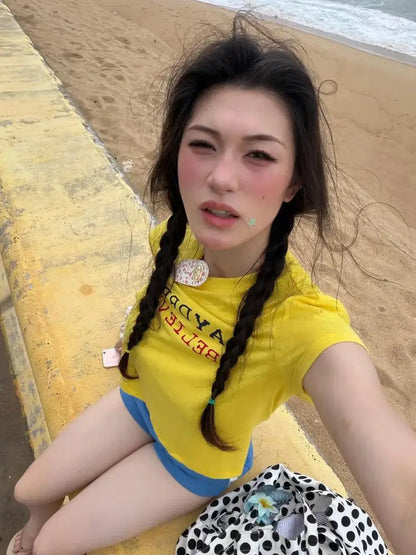 Chic Dollette Slim Yellow Crop Tops Short Sleeve Japanses 2000s Y2k Vintage Tops Streetwear