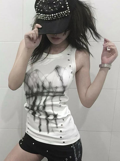 Chic Dollette Gothic Print Tanktop Broken Black Vintage Grunge Top Streetwear 2000er Jahre Japanisches ärmelloses T-Shirt