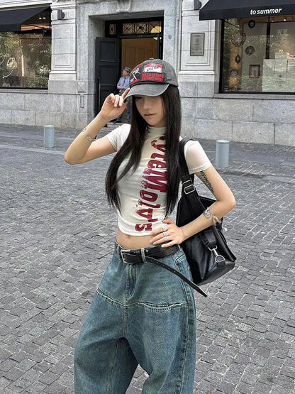T-shirts graphiques Chic Dollette Hotsweet avec dos ajouré, manches courtes, haut fin en maille transparente, vêtements années 2000, T-shirts mode coréenne