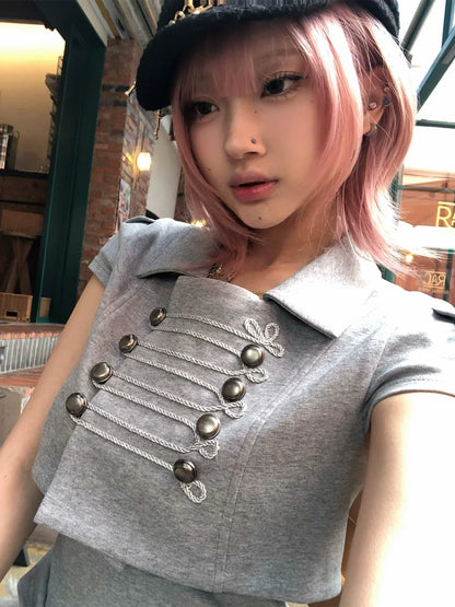 Chic Dollette American retro Y2K 2026 new Napoleon style short-sleeved lapel shirt t-shirt short-sleeved summer new women's item