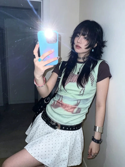 Chic Dollette Print T Shirt Women Short Sleeve Aesthetic 2000s Crop Tops American Retro 90s Graphic Tops Streetwear