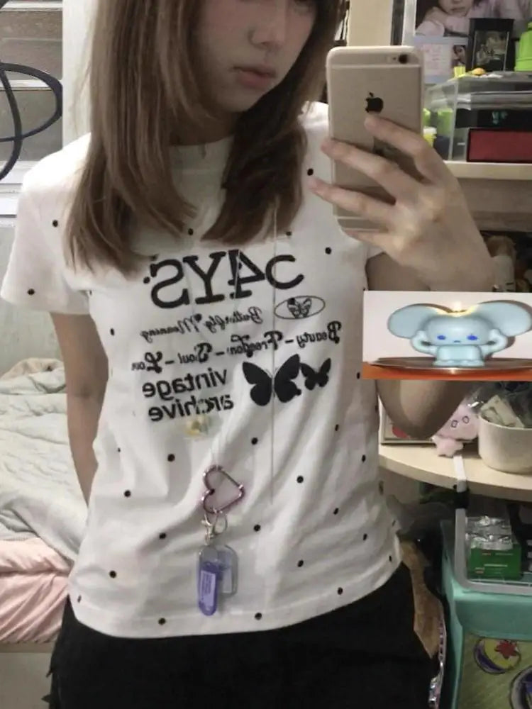 Chic Dollette Lässiges geblümtes Grafik-T-Shirt Kurzarm-Print 2000er Kleidung