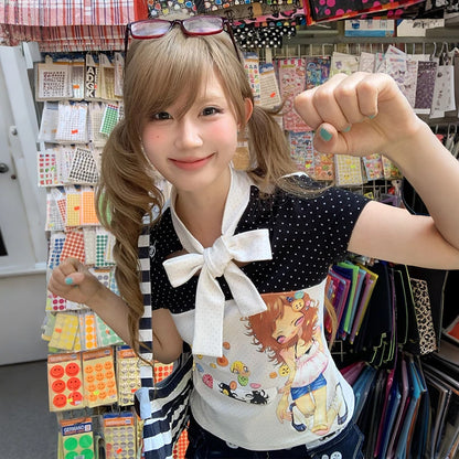 Chic Dollette Anime 2000s Short Sleeve Patchwork Top