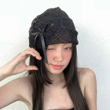Chic Dollette Black Lace Knitted Bow Beanie