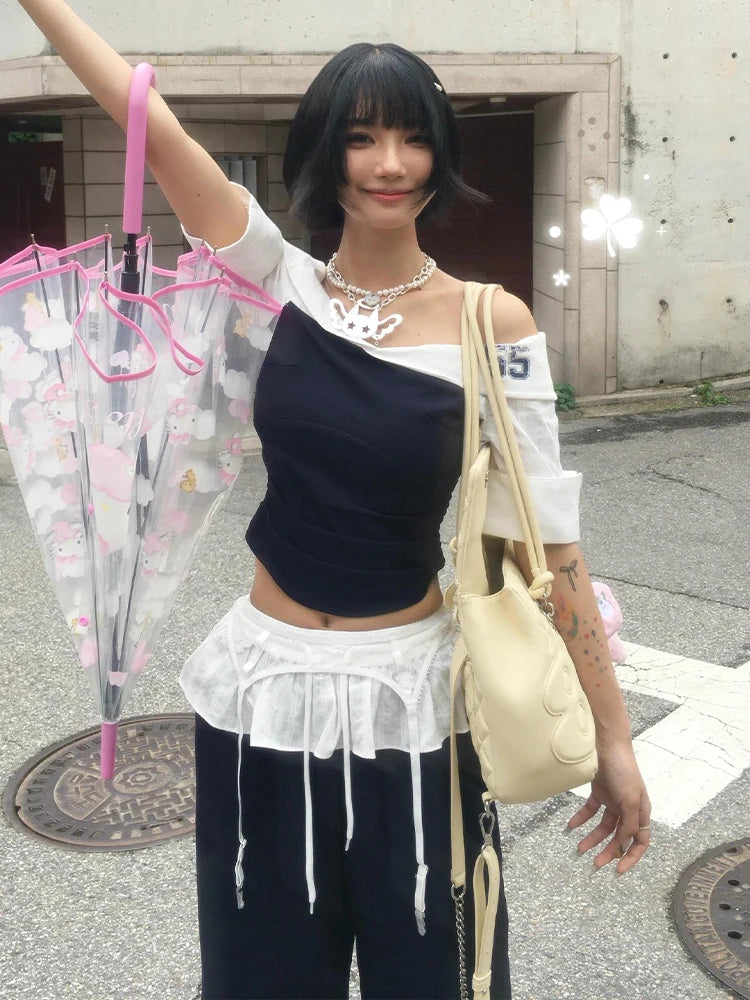 Schickes Dollette Harajuku Patchwork T-Shirt Dreiviertelarm Spanisches Shirt Vintage Crop Top Sommer Grunge Grafik-T-Shirts Japanische 2000er