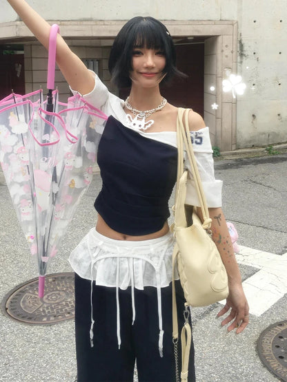 Schickes Dollette Harajuku Patchwork T-Shirt Dreiviertelarm Spanisches Shirt Vintage Crop Top Sommer Grunge Grafik-T-Shirts Japanische 2000er