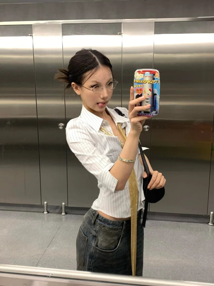 Schickes Dollette koreanisches Modehemd gestreift Dreiviertel schmal Hemd Vintage Top Streetwear japanisch 2000er Retro-Shirts