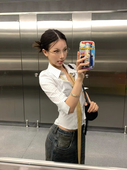 Schickes Dollette koreanisches Modehemd gestreift Dreiviertel schmal Hemd Vintage Top Streetwear japanisch 2000er Retro-Shirts