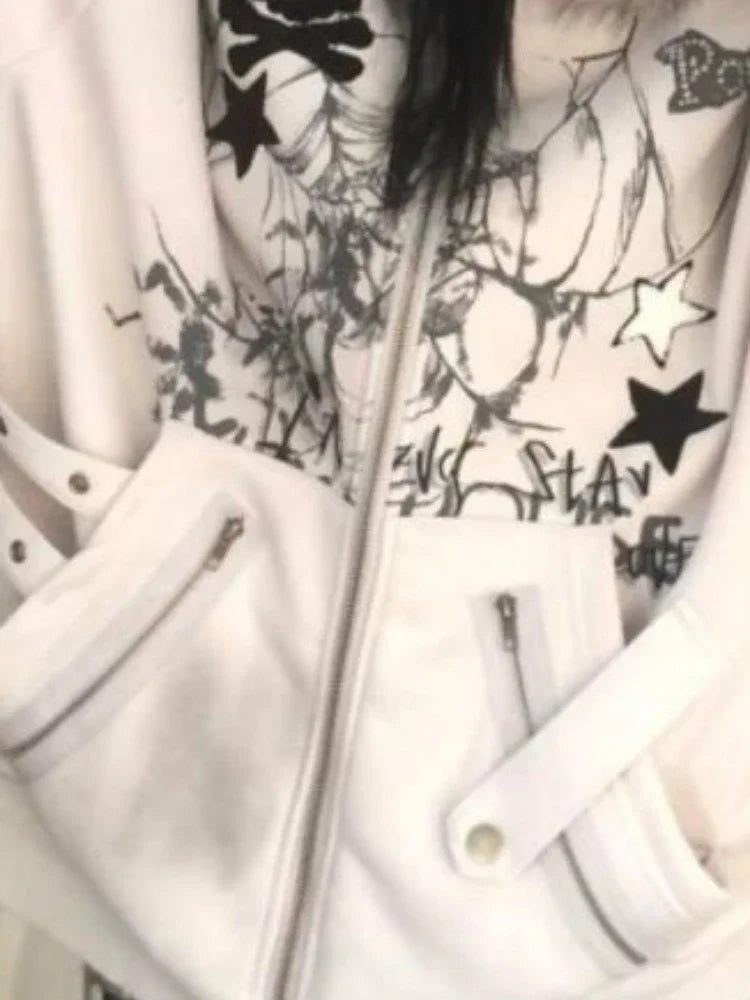 Chic Dollette Rabbit's Ears Cute Hoodies Women Y2k Aesthetic Loose Printing Vintage Coats Streetwear Zipper Grunge Sweatshirts