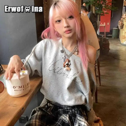 Sweat-shirts Chic Dollette Streetwear Femme Manches Longues Imprimé Mode Coréenne Pulls Épaules Dénudées Capuche Grunge Vêtements Années 2000