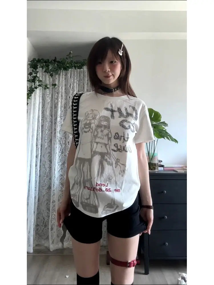 Schicke Dollette Gothic Cartoon Grafik T-Shirts Kurzarm 2000er Kleidung Damen T-Shirt Japan Style Print Tees Goth Sommer Top