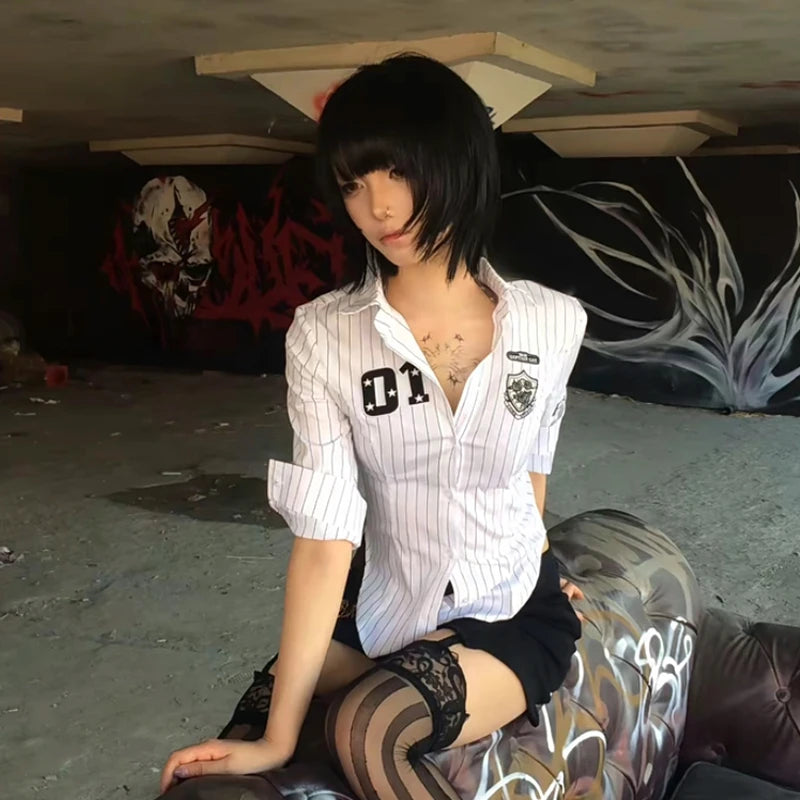 Chic Dollette Japanisches gestreiftes Hemd Dreiviertel-Print-Graphic-Top 2000er Top Japanisches Sommer Cropped Top Grunge